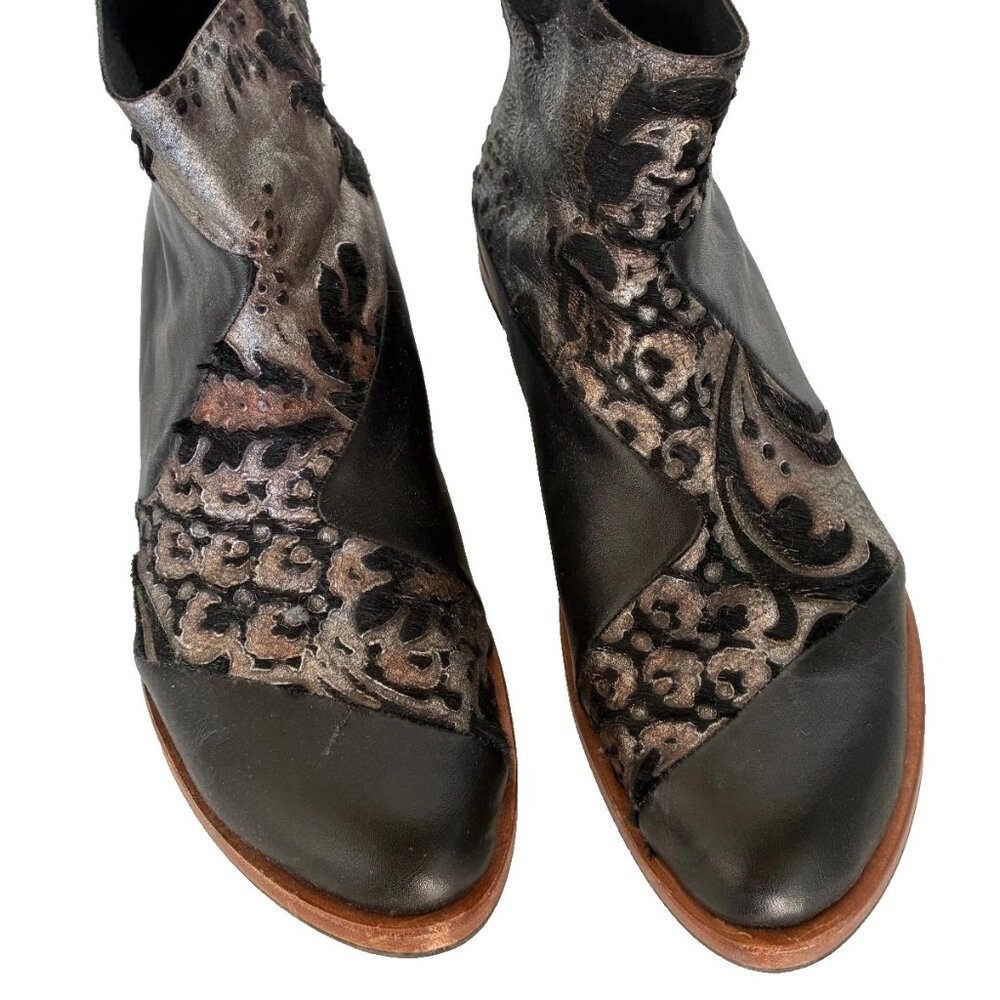 CYDWOQ handmade women's booties black leather with silver lace detail, size 37.5